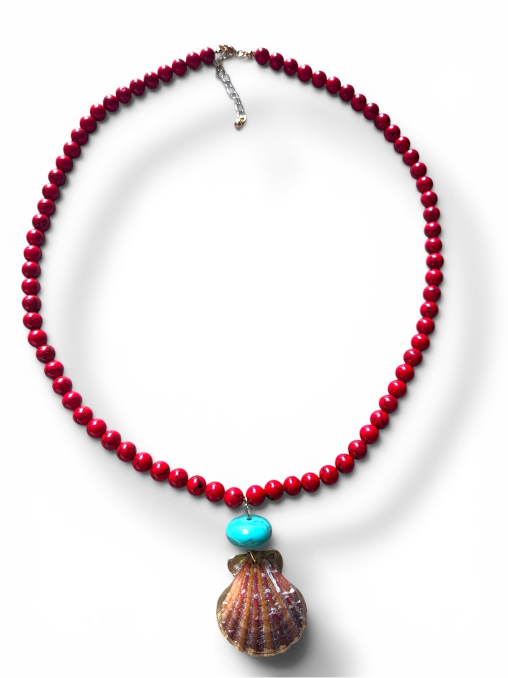 Red Turquoise Beaded Necklace with Turquoise Accent and a Natural Shell Pendant